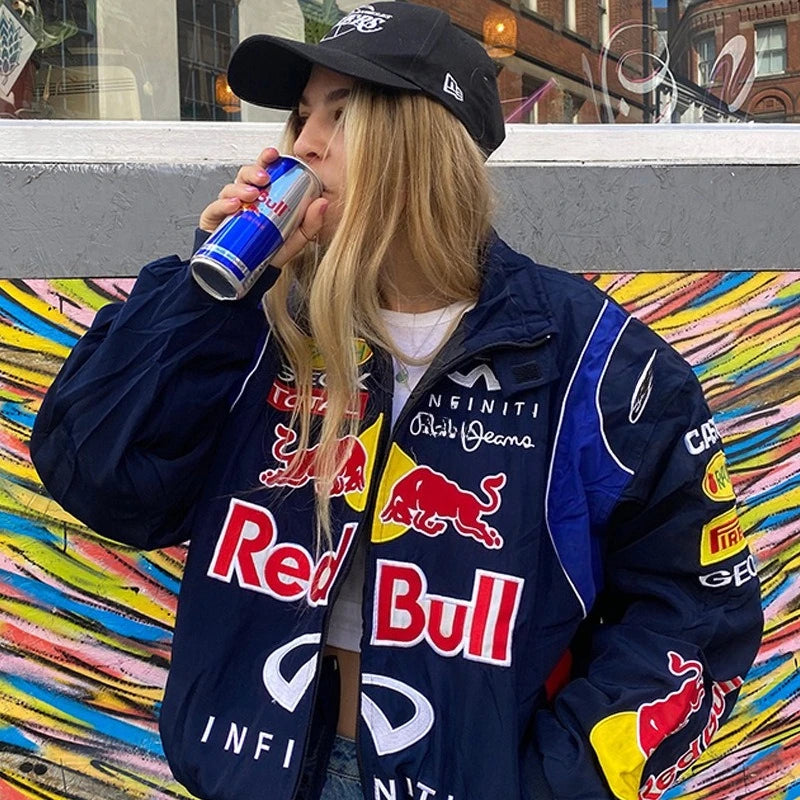 Red Bull Racing F1 Motorcycle Spring and Autumn Thin Jacket Sports Style Black Printed Casual Loose Long Sleeve🏁