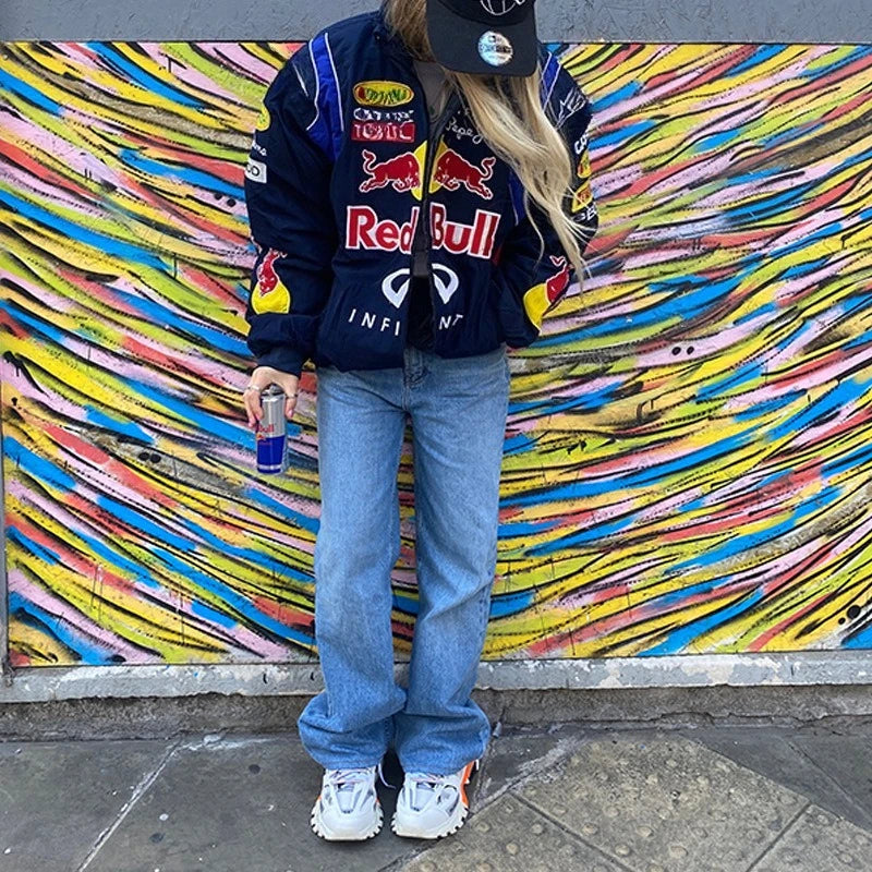 Red Bull Racing F1 Motorcycle Spring and Autumn Thin Jacket Sports Style Black Printed Casual Loose Long Sleeve🏁
